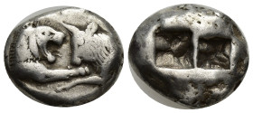 LYDIAN KINGDOM. Croesus (561-546 BC). AR stater or double siglos (27mm, 10.61 g). Sardes. Confronted foreparts of lion right and bull left, both with ...