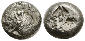 Caria. Mylasa 520-490 BC. Stater AR (17mm, 11,04 g). Forepart of roaring lion left / Two rectangular incuse punches with irregular surfaces.
