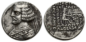 Parthian Kingdom. Orodes II. 57-38 B.C. AR drachm (19mm, 3.33 g). Nisa mint. Diademed bust left, crescent behind / Archer seated right, holding bow; b...