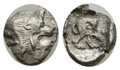 ASIA MINOR. Uncertain. Diobol (10mm, 1.11 g) (Circa 5th century BC). Obv: Head of roaring lion right. Rev: Back part of lion right; all within incuse ...