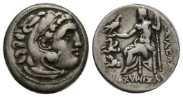 MACEDONIAN KINGDOM. Lysimachus (305-281 BC). AR drachm (18mm, 4.12 g). Lampsakos, 299-296 BC. Head of Heracles right, wearing lion-skin headdress, paw...