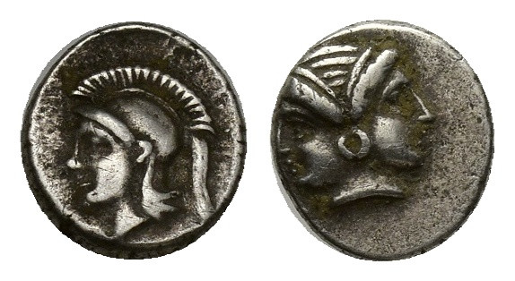 Mysia, Lampsakos AR. Hemiobol. (7mm, 0.38 g) 500-490 BC. Janiform female head, w...