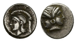 Mysia, Lampsakos AR. Hemiobol. (7mm, 0.38 g) 500-490 BC. Janiform female head, wearing taenia and necklace. Rev: Helmeted head of Athena to left,