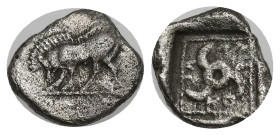 Dynasts of Lykia. Uncertain Dynast AR Triobol. (11mm, 1.34 g) Circa 500-460 BC. Boar standing left / Triskeles within incuse square. Not published in ...