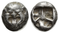 Mysia, Parion AR Drachm. (12mm, 3.94 g) 5th century BC. Facing gorgoneion with protruding tongue / Disorganized linear pattern within incuse square.