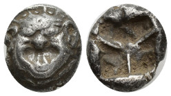 Mysia, Parion AR Drachm. (12mm, 3.89 g) 5th century BC. Facing gorgoneion with protruding tongue / Disorganized linear pattern within incuse square.