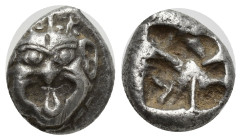 Mysia, Parion AR Drachm. (13mm, 4 g) 5th century BC. Facing gorgoneion with protruding tongue / Disorganized linear pattern within incuse square.