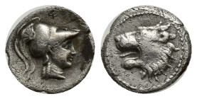 Pamphylia. Side circa 250-150 BC. Obol AR (10mm, 0.49 g) Head of Athena to right; wearing corinthian helmet. / Head of roaring lion left.