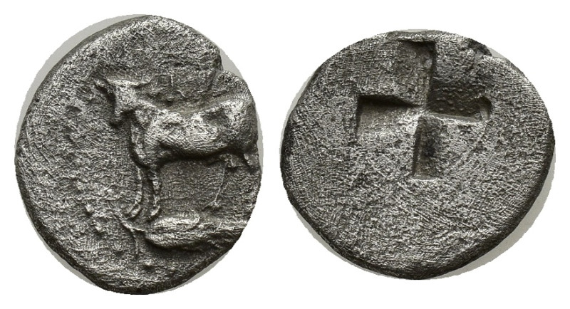 BITHYNIA. Calchedon. Ca. 340-320 BC. AR 1/10 siglos (11mm, 1.06 g) KA, / bull st...