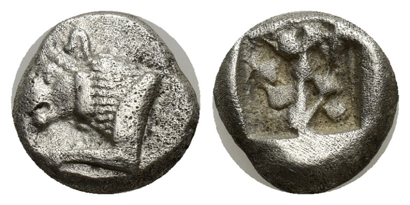 Karia, Mylasa(?) AR Hekte. (10mm, 1.76 g) Circa 520-490 BC. Forepart of lion to ...