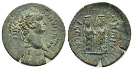 PAMPHYLIA, Aspendos. Domitian, 81-96 AD. AE. (23mm, 5.10 g) Obverse: ΔΟΜΙΤΙΑΝΟϹ ΚΑΙϹΑΡ; laureate head of Domitian, r. / Reverse: ΑϹΠƐΝΔΙⲰΝ; cult statu...