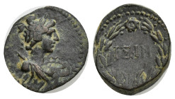 Pisidia. Isinda. Pseudo-autonomous issue circa AD 138-192. Time of the Antonines Bronze Æ (15mm, 3.12 g). Draped bust of Artemis, right, having quiver...