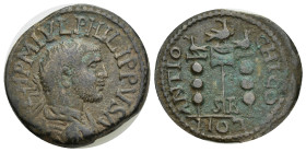 Pisidia, Antioch. Philip I. A.D. 244-249. AE (25mm, 9.24 g). IMP M IVL PHILIPPVS A, radiate, draped, and cuirassed bust right / ANTIO-CHI CO/LON, SR i...