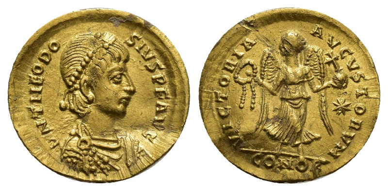 THEODOSIUS II (402-450 AD). AV, Tremissis. (14mm, 1.48 g) Constantinople. Obv: D...