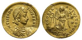 THEODOSIUS II (402-450 AD). AV, Tremissis. (14mm, 1.48 g) Constantinople. Obv: D N THEODOSIVS P F AVG. Bust of Theodosius II, pearl-diademed, draped, ...