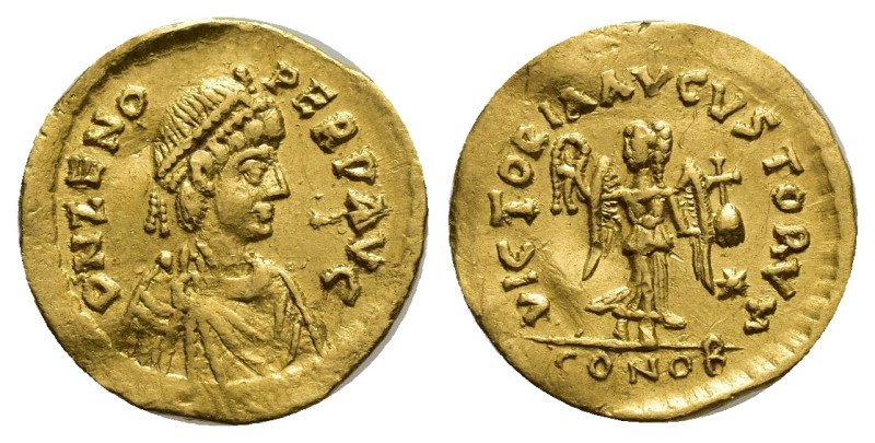 ZENO (Second reign, 476-491). GOLD Tremissis. (14mm, 1.49 g) Constantinople. Obv...