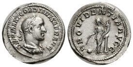Gordian II Africanus. Silver Denarius (20mm, 3.86 g), AD 238. Rome. IMP M ANT GORDIANVS AFR AVG, laureate, draped and cuirassed bust of Gordian II rig...