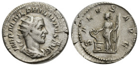 Philip I (244-249) AR Antoninianus (Silver, (Silver, 23mm, 3.78 g) Rome, AD 244. Obv: IMP M IVL PHILIPPVS AVG - radiate, draped, and cuirassed bust ri...