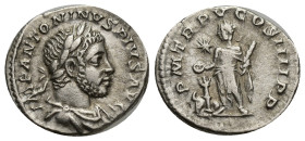 Elagabalus. AD 218-222. AR Denarius (18mm, 3.33 g). Rome mint. Struck AD 222. Laureate and draped bust right / P M TR P V COS IIII P P, Elagabalus sta...