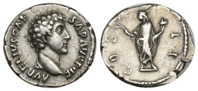 Marcus Aurelius as Caesar; 139-161 AD, Rome, 145-7 AD, Denarius, (18mm, 3.01 g). Obv: AVRELIVS CAE - SAR AVG PII F Head bare r. Rx: COS - II Honos sta...