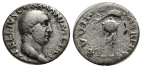 VITELLIUS (69). Denarius. (16mm, 3 g) Rome. Obv: A VITELLIVS GERMANICVS IMP. Bare head right. Rev: XV VIR SACR FAC. Tripod, dolphin on top, raven on s...