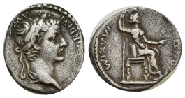 Tiberius, 14-37. Denarius (Silver, 16mm, 3.54 g), Lugdunum. TI CAESAR DIVI AVG F AVGVSTVS Laureate head of Tiberius to right. Rev. PONTIF MAXIM Livia ...