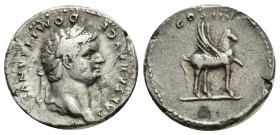 DOMITIAN. Denarius. (18mm, 3.43 g). 76-77 AD Rome. (RIC 921). Obv: Laureate bust of Vespasian on the right, around legend: CAESAR AVG DOMITIANVS. Rev:...
