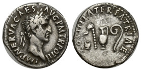 NERVA (96-98). Denarius. (18mm, 3.20 g) Rome. Obv: IMP NERVA CAES AVG P M TR POT. Laureate head right. Rev: COS III PATER PATRIAE. Priestly emblems: s...
