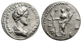 Commodus (AD 177-192). AR denarius (19mm, 3.46 g). Rome, AD 175-176. COMMODO CAES AVG FIL GERM SARM, bare-headed, draped bust of Commodus right / HIL-...
