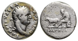 Titus, as Caesar (AD 79-81). AR denarius (17mm, 2.78 g). Rome, AD 77-78. T CAESAR VESPASIANVS, laureate head of Titus right / IMP XIII, Goatherder sea...