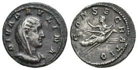 Diva Paulina, died before 235. Denarius (19mm, 2.78 g), Rome, 236-238. DIVA PAVLINA Veiled and draped bust of Diva Paulina to right. Rev. CONSECRATIO ...