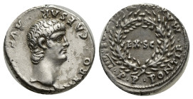 Nero AR Denarius. (17mm, 3.6 g) Rome, AD 58-59. NERO CAESAR AVG IMP, bare head to right / PONTIF MAX TR P V P P, oak wreath enclosing EX SC.