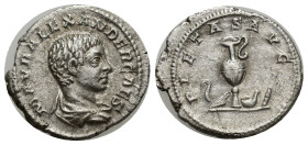 Severus Alexander. As Caesar, A.D. 222. AR denarius (18mm, 2.51 g). Rome, under Elagabalus. M AVR ALEXANDER CAES, bare-headed and draped bust of Sever...