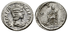 Julia Domna, wife of Septimius Severus AD 193-217. Rome Denarius AR (19mm, 3.18 g). IVLIA PIA FELIX AVG, draped bust right / VESTA, Vesta seated left,...