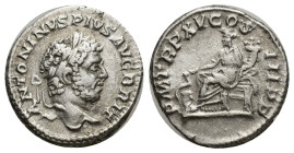 Caracalla (AD 198-217). AR denarius (18mm, 3.31 g). Rome, AD 212. ANTONINVS PIVS AVG BRIT, laureate bust of Caracalla right / P M TR P XV COS III P P,...