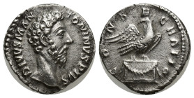 Divus Marcus Aurelius, died 180. Denarius (Silver, 17mm, 3.2 g), Rome, struck under Commodus. DIVVS M ANTONINVS PIVS Bare head of Divus Marcus Aureliu...