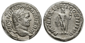 Caracalla. A.D. 198-217. AR denarius (19mm, 2.94 g). Rome, A.D. 216. ANTONINVS PIVS AVG GERM, laureate head of Caracalla right / P M TR P XVIIII COS I...