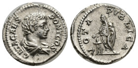 Geta, as Caesar, AR Denarius. (19mm, 3.11 g) Rome, circa AD 202. GETA CAES PONT COS, bare-headed and draped bust to right / VOTA PVBLICA, Geta standin...