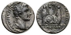 Augustus 27 BC-14 AD. Lugdunum Denarius AR (17mm, 3.19 g). CAESAR AVGVSTVS DIVI F PATER PATRIAE, laureate head right / AVGVSTI F COS DESIG PRINC IVVEN...