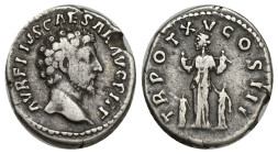 Marcus Aurelius, as Caesar, AR Denarius. (17mm, 3.05 g) Rome, AD 160-161. AVRELIVS CAESAR AVG PII F, bare head to right / TR POT XV COS III, Pietas st...