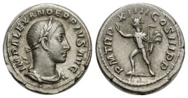 SEVERUS ALEXANDER (222-235). Denarius. (19mm, 2.62 g) Rome. Obv: IMP ALEXANDER PIVS AVG. Laureate, draped and cuirassed bust right. Rev: P M TR P XIII...