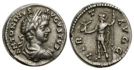 CARACALLA (197-217). Denarius. (18mm, 2.74 g) Laodikeia. Obv: ANTONINVS AVGVSTVS. Laureate, draped and cuirassed bust right. Rev: VIRT AVGG. Virtus st...