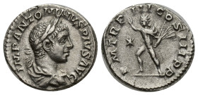 Elagabalus AR Denarius. (17mm, 3.02 g) Rome, AD 220. IMP ANTONINVS PIVS AVG, laureate head right / PM TR P III COS III P P, Sol advancing left raising...