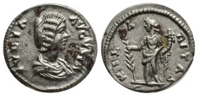 Julia Domna; Rome, c. 200 AD, Denarius, (18mm, 2.82 g). Obv: IVLIA - AVGVSTA Bust draped r. Rx: HIL - A - RITAS Hilaritas standing l. holding long pal...