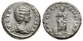 Julia Domna; Rome, c. 200 AD, Denarius, (17mm, 3.10 g) Obv: IVLIA - AVGVSTA Bust draped r. Rx: SAECVLI - FELICITAS Isis standing r., foot on prow, hol...