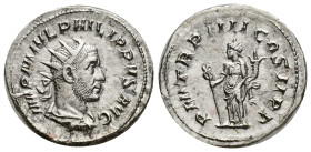 Philip I (AD 244-249). AR antoninianus (23mm, 4.33 g). Antioch, AD 247. IMP M IVL PHILIPPVS AVG, radiate, draped and cuirassed bust of Philip I right,...