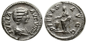 JULIA DOMNA Augusta, 193-211 AD. AR, Denarius. (18mm, 3.19 g) Rome. Obv: IVLIA AVGVSTA. Draped bust of Julia Domna, right. Rev: PIETAS AVGG. Pietas st...