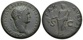 Domitian, as Caesar, Æ Sestertius. (33mm, 24.57 g) Rome, AD 80-81. CAES DIVI AVG VESP F DOMITIANVS COS VII, laureate head right / PAX AVGVST, Pax stan...