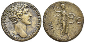 Marcus Aurelius, as Caesar, 139-161. Sestertius (Orichalcum, 29mm, 21.34 g), Rome, 145. AVRELIVS CAESAR AVG PII F COS II Bare-headed bust of Marcus Au...