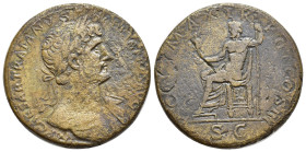 Hadrian Æ Sestertius. (33mm, 22.04 g) Rome, AD 119-122. IMP CAESAR TRAIANVS HADRIANVS AVG, laureate head right / PONT MAX TR POT COS III, Jupiter seat...